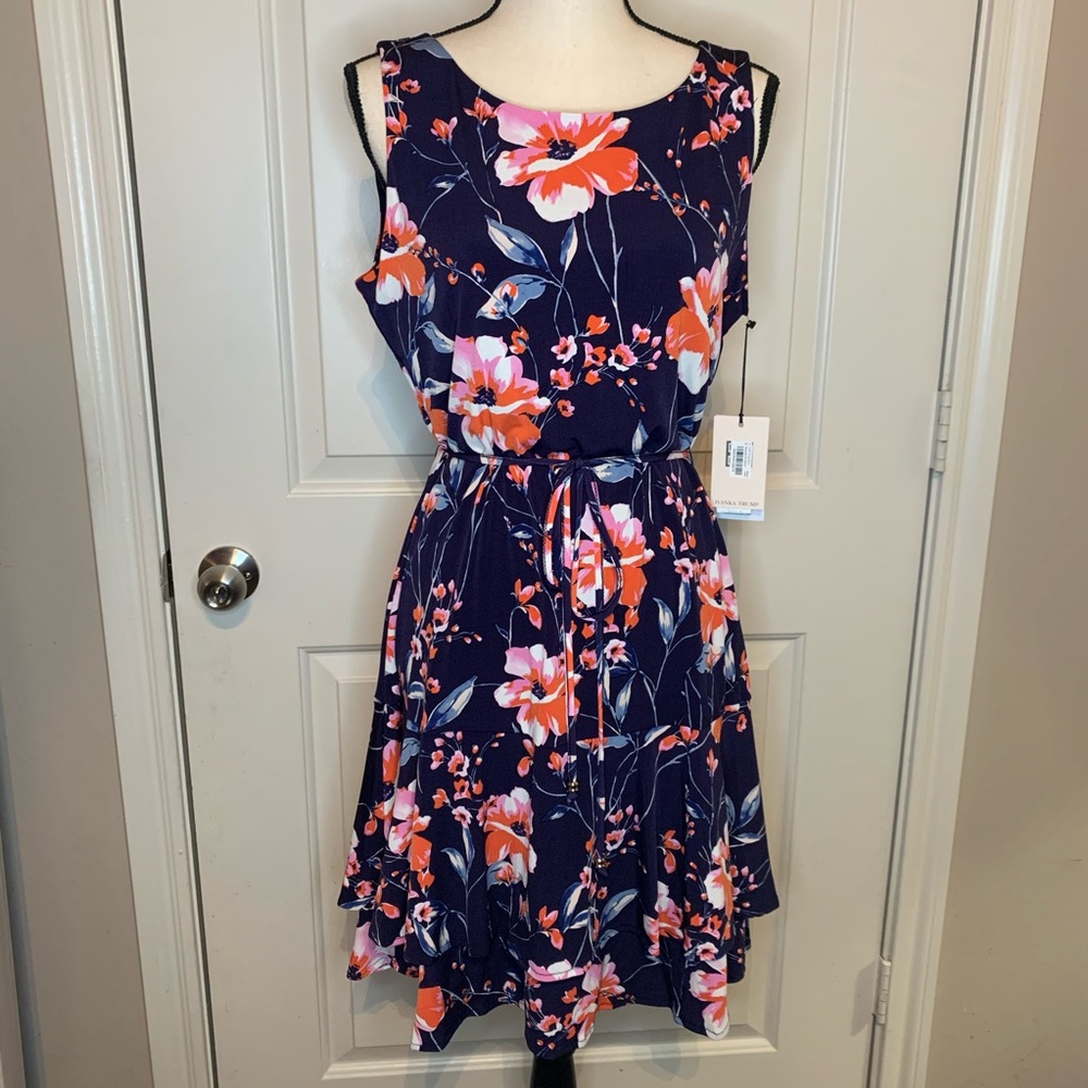Ivanka Trump Navy Floral Midi Dress with Pink & Orange Blooms